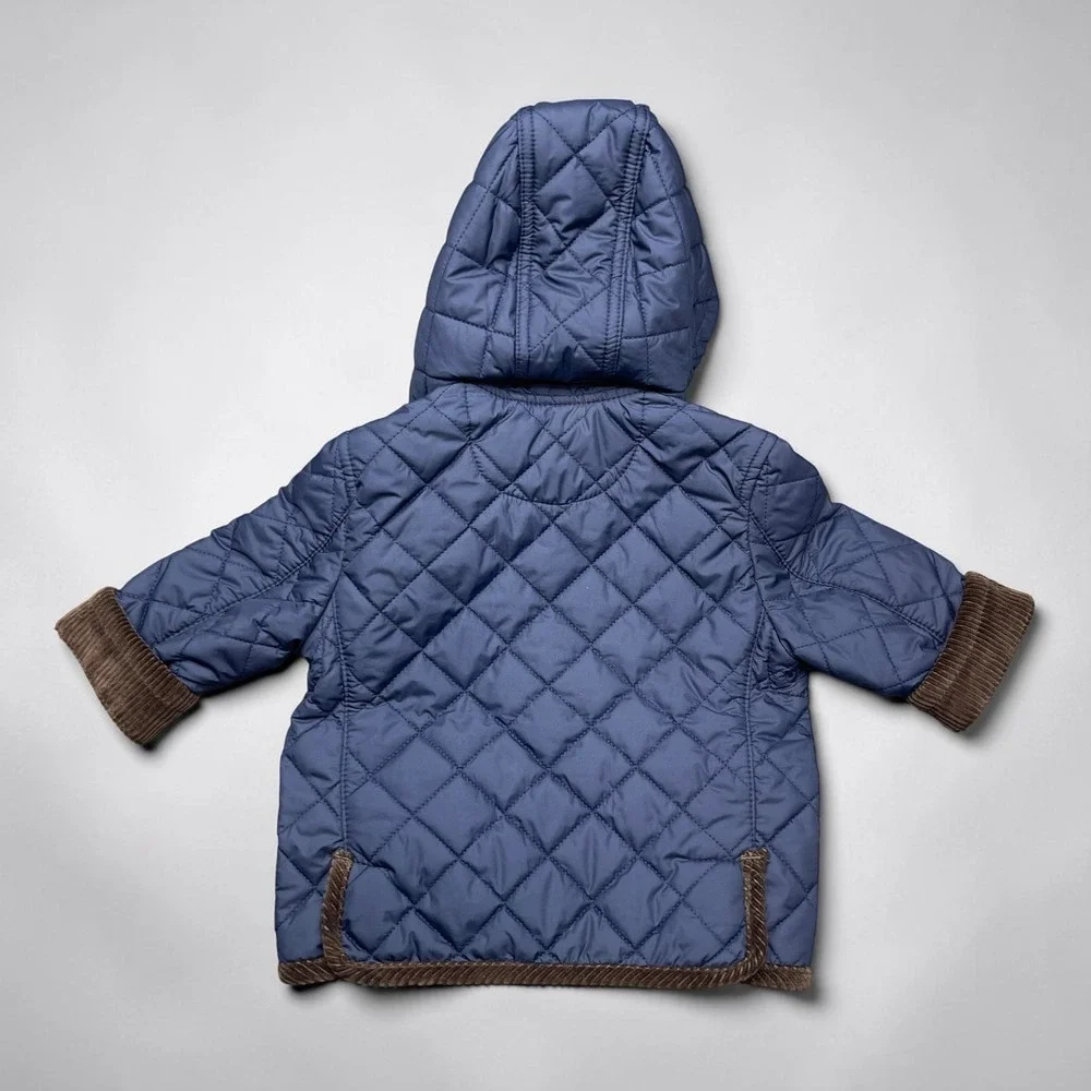 Ralph Lauren Kids Navy Blue Quilted Hooded Barn Jacket Corduroy Trim 9M